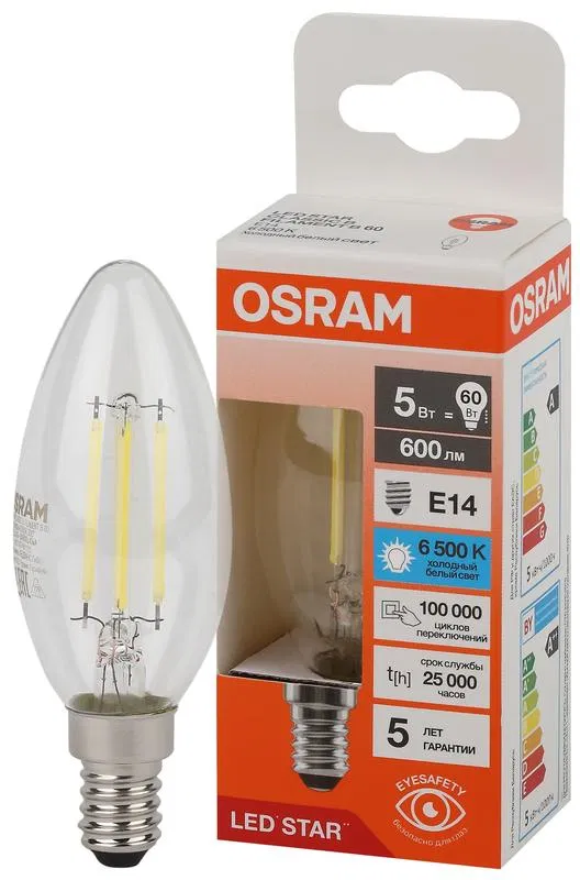 Лампа светодиодная филаментная LSCLB60 5W/865 230VFILCL 5Вт 6500К холод. бел. E14 600лм B угол пучка 300град. 220-240В (замена 60Вт) прозр. стекло OSRAM 4058075687974 LEDVANCE