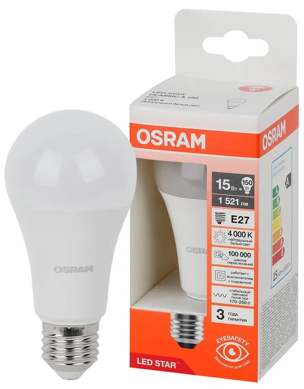 Лампа светодиодная LED Star 15Вт 4000К нейтр. бел. E27 1521лм A угол пучка 180град. 170-250В (замена 150Вт) матов. пластик OSRAM 4058075695412 LEDVANCE