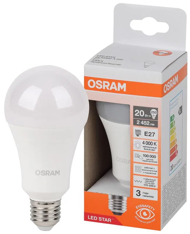 Лампа светодиодная LSCLA250 20W/840 230VFR LED Star 20Вт 4000К нейтр. бел. E27 2452лм A угол пучка 180град. 170-250В (замена 250Вт) матов. пластик OSRAM 4058075695504 LEDVANCE