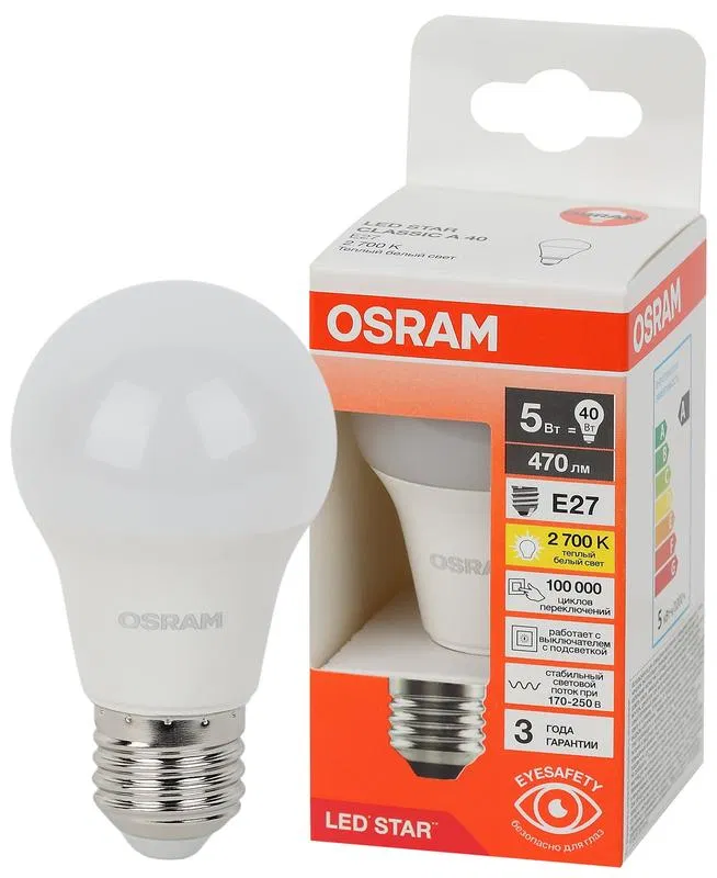 Лампа светодиодная LED Star 5Вт 2700К тепл. бел. E27 470лм A угол пучка 180град. 170-250В (замена 40Вт) матов. пластик OSRAM 4058075695566 LEDVANCE