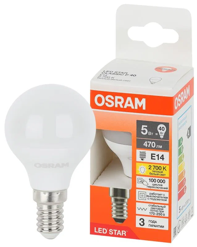 Лампа светодиодная LED Star 5Вт 2700К тепл. бел. E14 470лм P угол пучка 180град. 170-250В (замена 40Вт) матов. пластик OSRAM 4058075695832 LEDVANCE