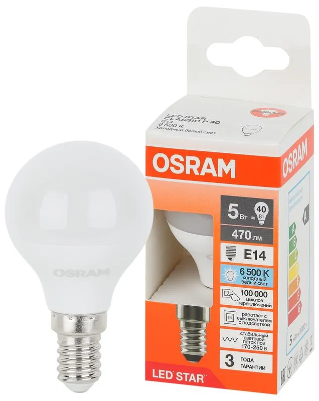 Лампа светодиодная LED Star 5Вт 6500К холод. бел. E14 470лм P угол пучка 180град. 170-250В (замена 40Вт) матов. пластик OSRAM 4058075695894 LEDVANCE