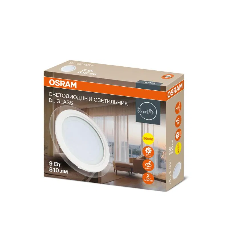 Светильник светодиодный Downlight DL GLASS 830 WT 9Вт 3000К IP20 810лм ДВО даунлайт кругл. встраив. с декоративным стеклом бел. OSRAM 4607194230709 LEDVANCE