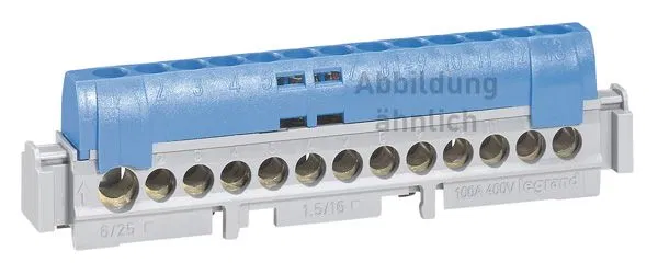 Клеммная колодка IP 2X - нейтраль - синяя - 1 x 6-25 мм² - 21 x 1,5-16 мм² - длина 141 мм 004845 Legrand
