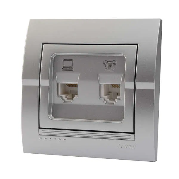 Розетка компьютерная + телефонная 2-м СП Deriy RJ45 + RJ11 серебр. метал. LEZARD 702-2828-143