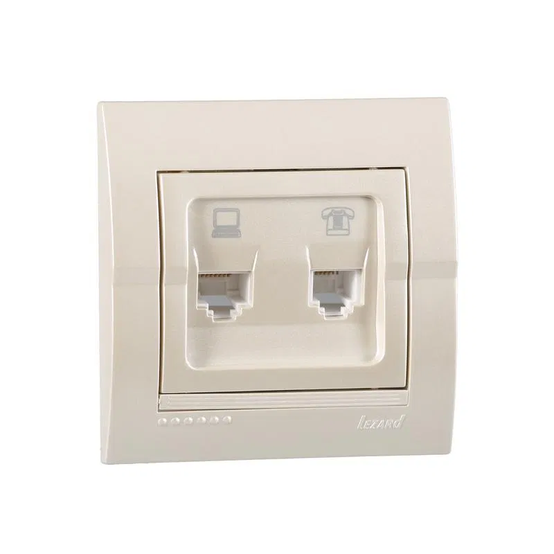 Розетка компьютерная + телефонная 2-м СП Deriy RJ45 + RJ11 IP20 жемчуж./бел. метал. LEZARD 702-3030-143