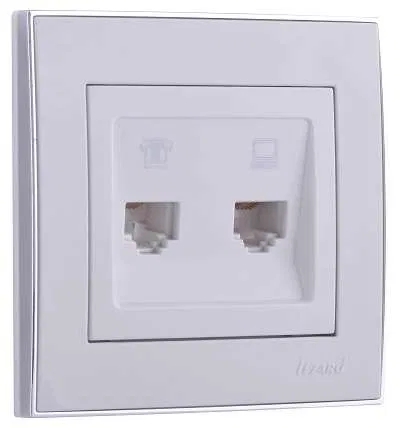 Розетка компьютерная + телефонная 2-м СП Rain RJ45 + RJ11 с хром. боковой вставкой бел. LEZARD 703-0225-143
