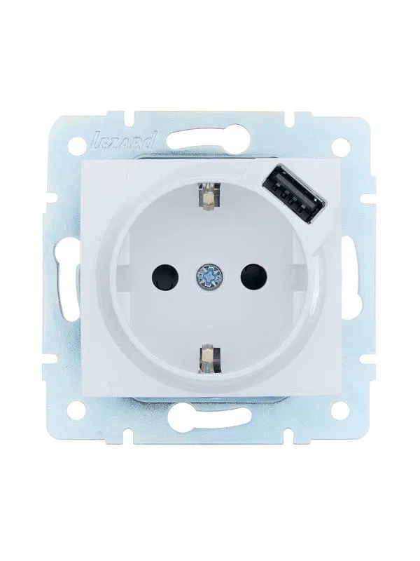 Розетка 1-м СП ASTI 16А IP20 с заземл. с заряд. устройством USB механизм бел. LEZARD 7081-0288-181