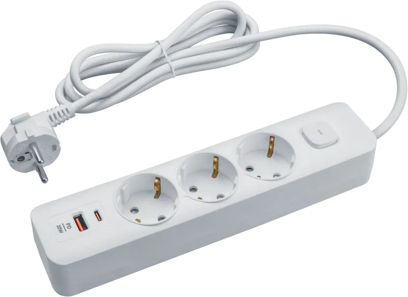 Удлинитель 3х3м с заземл. 16А IP20 95 688 NPE-USB06-03-300-ESC-3X1-PD20W USB-C + USB-A с выкл.бел. NAVIGATOR 95688