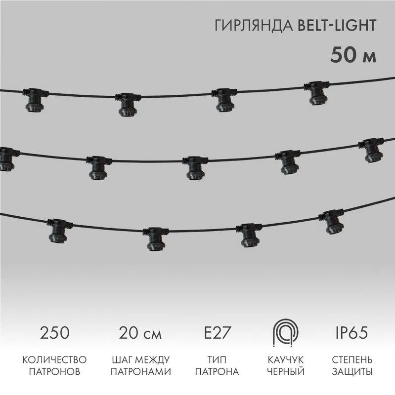 Гирлянда "Белт Лайт" 2жил. шаг 20см патроны E27 1320Вт IP65 влагостойкая провод черн. (уп.50м) Neon-Night 331-211