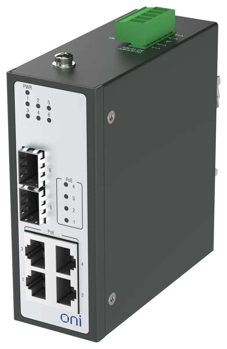 Коммутатор промышленный неуправляемый ISU-450 Ethernet 2 SFP слота 100/1000BaseX 4 порта 10/100/1000BaseT разъем RJ45 24В AC/12/24/48В DC с резервированием ONI ISU-450-2GX4GE0000000