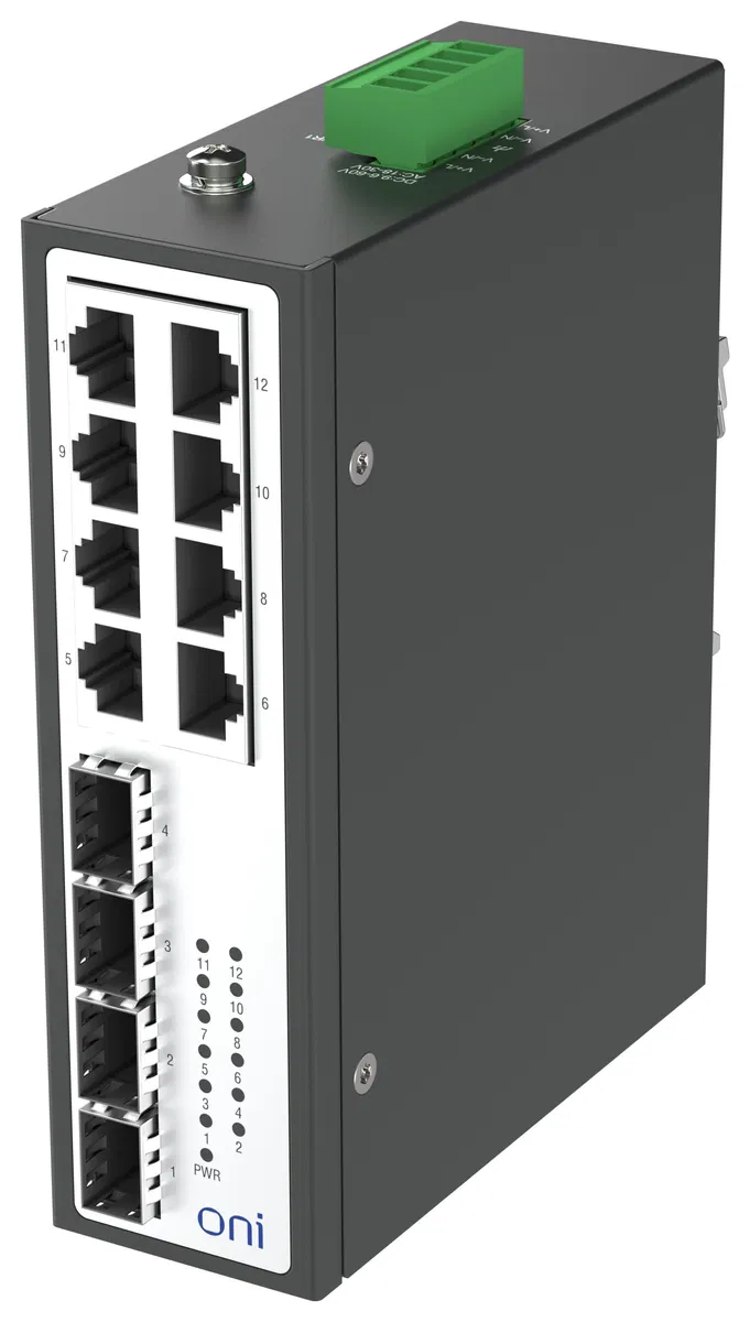 Коммутатор промышленный неуправляемый ISU-450 Ethernet 4 SFP слота 100/1000BaseX 8 портов 10/100/1000BaseT разъем RJ45 24В AC/12/24/48В DC с резервированием ONI ISU-450-4GX8GE0000000