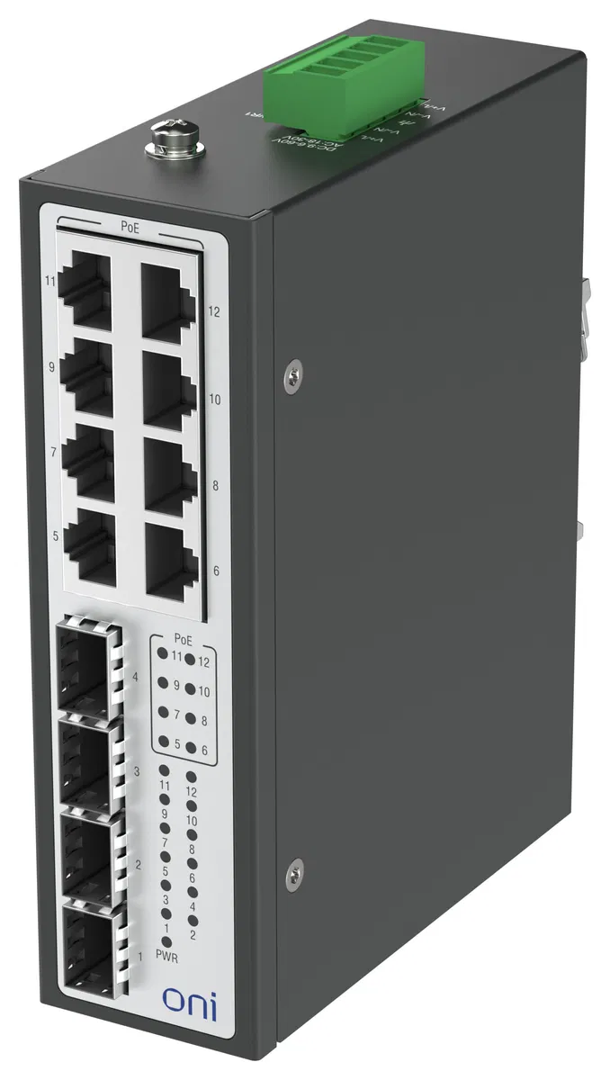 Коммутатор промышленный неуправляемый ISU-450 Ethernet 4 SFP слота 100/1000BaseX 8 портов 10/100/1000BaseT разъем RJ45 с PoE 48В DC с резервированием ONI ISU-450-4GX8GEPOE0000