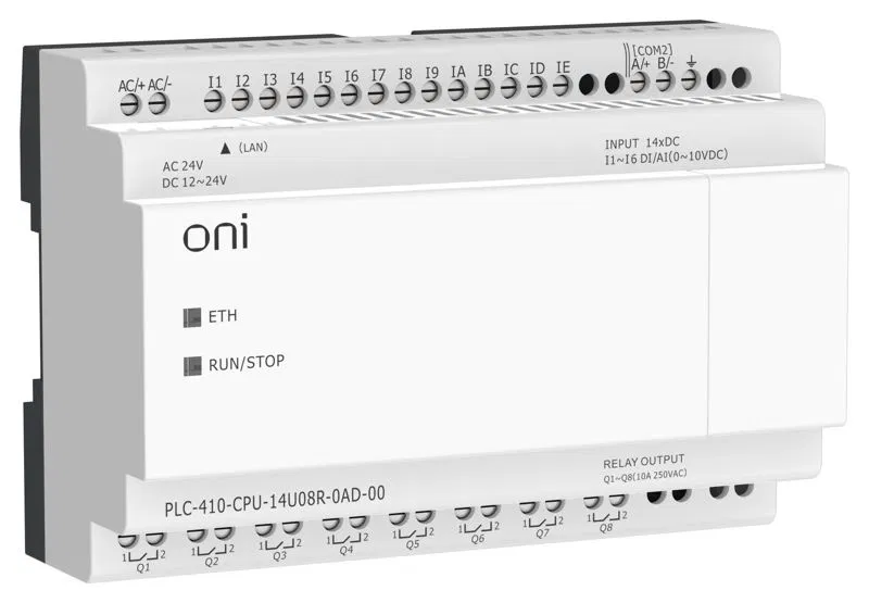Модуль ЦПУ ПЛК 410 8 DI 6 UI (0-10 В/DI) 8 RO 12В-24В DC или 24В AC с Ethernet портом без экрана ONI PLC-410-CPU-14U08R-0AD-00