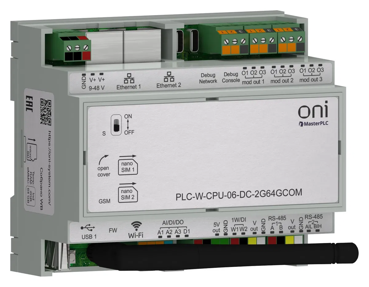ПЛК W. CPU 6 IO 2GB RAM 64GB ROM 24 В DC коммерческого исполнения ONI PLC-W-CPU-06-DC-2G64GCOM