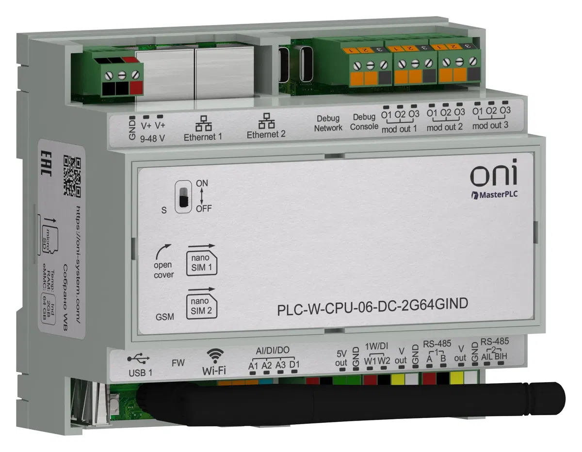 ПЛК W. CPU 6 IO 2GB RAM 64GB ROM 24 В DC промышленного исполнения ONI PLC-W-CPU-06-DC-2G64GIND