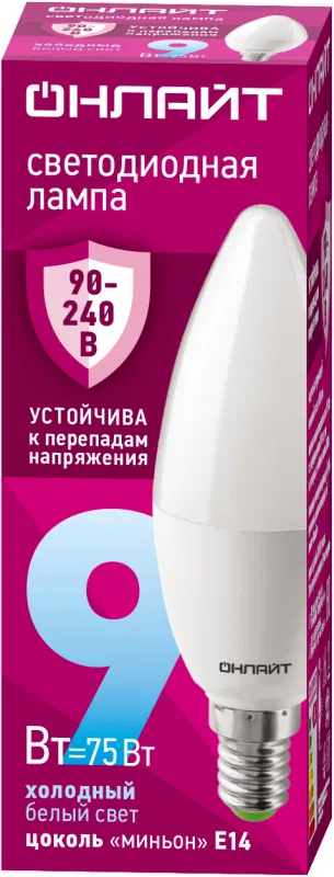 Лампа светодиодная 90 412 OLL-C37-9-230-6.5K-E14-FR 9Вт свеча 6500К E14 90-240В PRO ОНЛАЙТ 90412