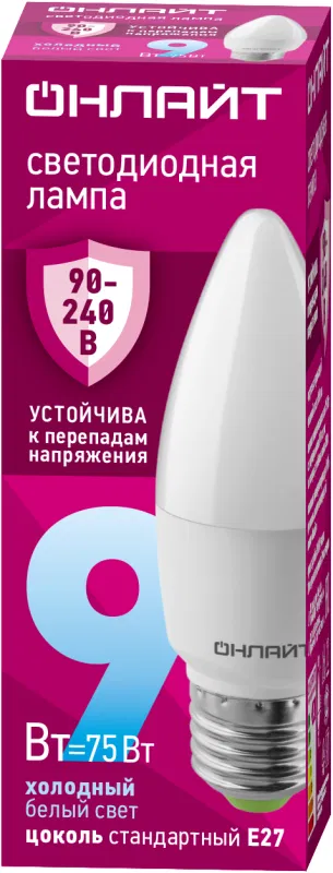 Лампа светодиодная 90 414 OLL-C37-9-230-6.5K-E27-FR 9Вт свеча 6500К E27 90-240В PRO ОНЛАЙТ 90414