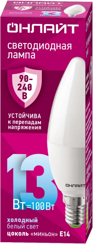 Лампа светодиодная 90 416 OLL-C37-13-230-6.5K-E14-FR 13Вт свеча 6500К E14 90-240В PRO ОНЛАЙТ 90416