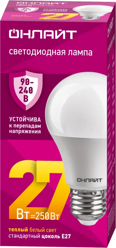 Лампа светодиодная 90 535 OLL-A60-27-230-2.7К-E27 27Вт грушевидная 2700К E27 90-240В PRO ОНЛАЙТ 90535