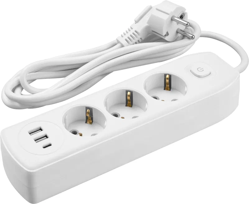 Удлинитель 3х5м с заземл. 10А IP20 90 840 OPE-USB-03-500-ESC-3x1 USB 2xType-A + Type-C с кнопкой ОНЛАЙТ 90840