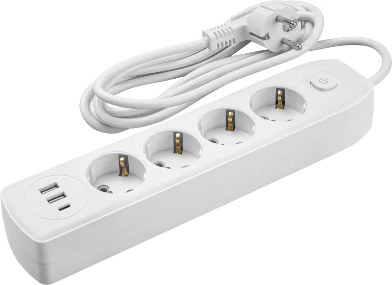 Удлинитель 4х3м с заземл. 10А IP20 90 842 OPE-USB-04-300-ESC-3x1 USB 2xType-A + Type-C с кнопкой ОНЛАЙТ 90842