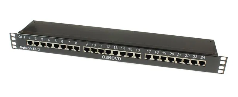 Устройство грозозащиты SP-IP24/1000PR 1U для локал. вычислит. сети на 24 порта (скорость до 1000Мб/с) с защит. линий PoE OSNOVO 14277