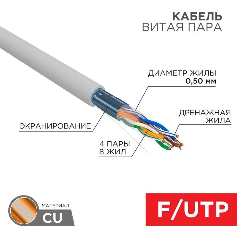 Кабель витая пара F/UTP кат.5E 4PR 24AWG PVC INDOOR SOLID сер. (уп.100м) Rexant 01-0143-100