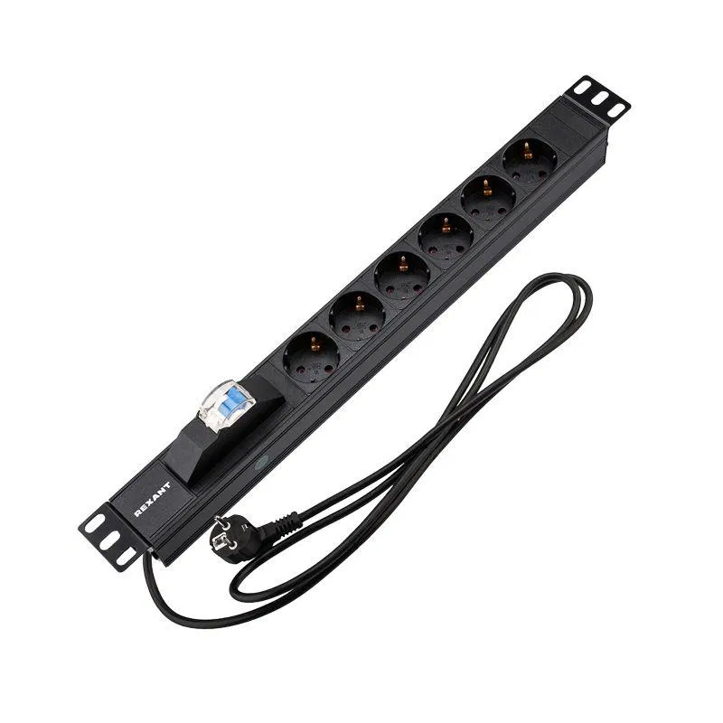 Блок распределения питания PDU 6 розеток СЕЕ 7/4 Schuko 16А автомат защиты вилка СЕЕ 7/7 горизонт. шнур 2м корпус алюм. Rexant 04-0103-1