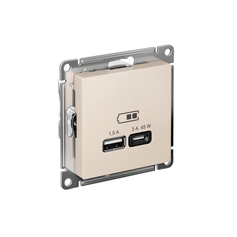 Розетка USB AtlasDesign тип A+C 45Вт QC PD высокоскор. ЗУ механизм беж. SE ATN000229 Systeme Electric