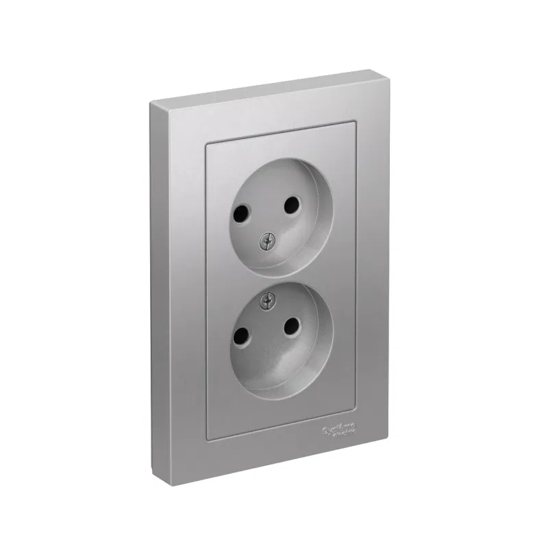 Розетка 2-м СП AtlasDesign 16А IP20 без заземл. в сборе алюм. SE ATN000320 Systeme Electric