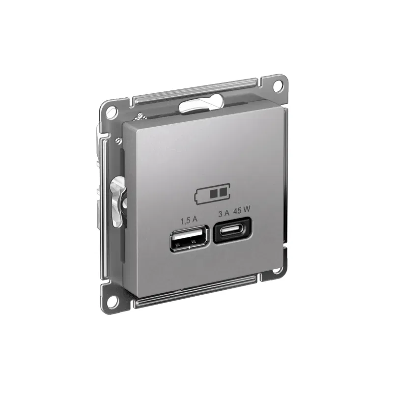 Розетка USB AtlasDesign тип A+C 45Вт QC PD высокоскор. ЗУ механизм алюм. SE ATN000329 Systeme Electric