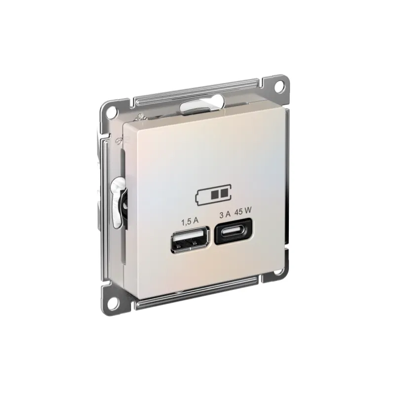 Розетка USB AtlasDesign тип A+C 45Вт QC PD высокоскор. ЗУ механизм жемчуж. SE ATN000429 Systeme Electric