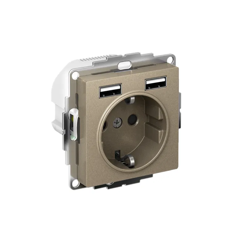 Розетка 1-м СП AtlasDesign 16А IP20 с 2-мя заряд. устройствами USB тип A+A 5В/2.4А 2х5В/1.2А механизм шампань SE ATN000530 Systeme Electric