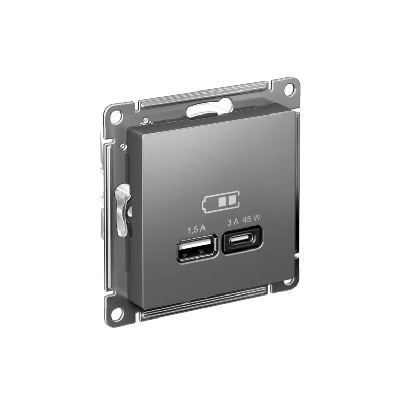 Розетка USB AtlasDesign тип A+C 45Вт QC PD высокоскор. ЗУ механизм сталь SE ATN000929 Systeme Electric