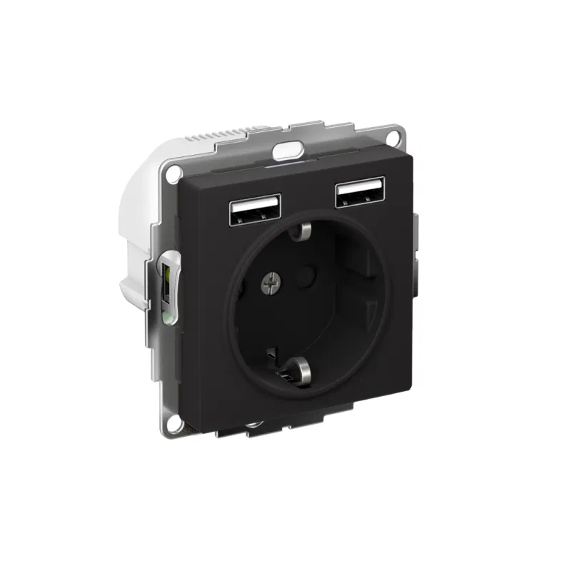 Розетка 1-м СП AtlasDesign 16А IP20 с 2-мя заряд. устройствами USB тип A+A 5В/2.4А 2х5В/1.2А механизм карбон SE ATN001030 Systeme Electric