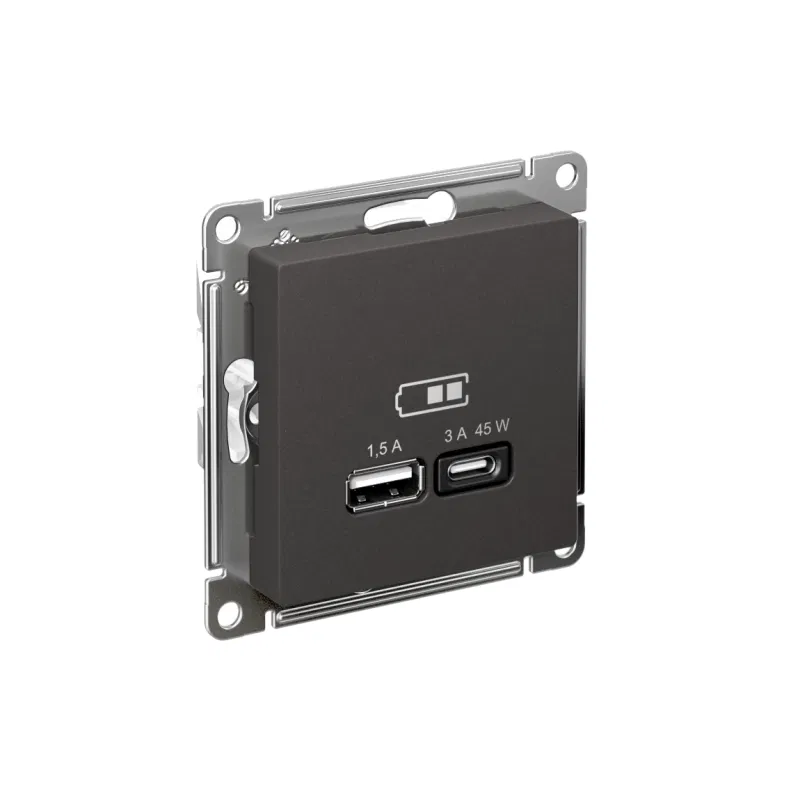 Розетка USB AtlasDesign тип A+C 45Вт высокоскор. ЗУ QC PD механизм базальт SE ATN001429 Systeme Electric