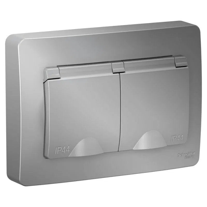 Розетка 2-м СП Blanca 16А IP44 250В с заземл. защ. шторки с крышкой алюм. SE BLNRS441123 Systeme Electric