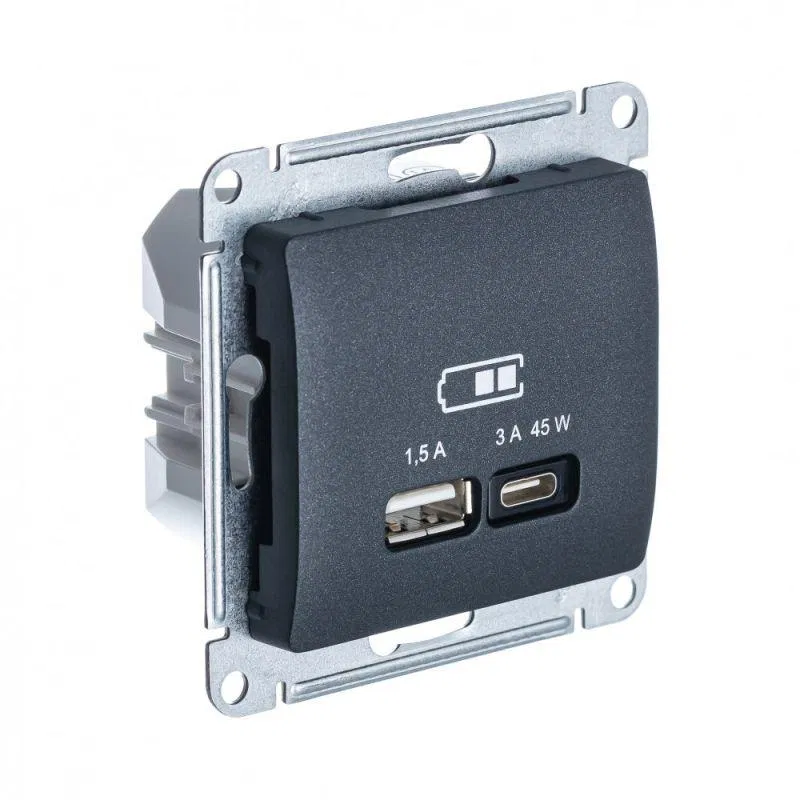 Розетка USB Glossa тип A+C 45Вт QC PD высокоскор. ЗУ механизм антрацит SE GSL000729 Systeme Electric