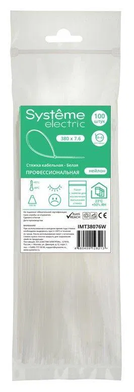 Стяжка кабельная 380х7.6 бел. (уп.100шт) SE IMT38076W Systeme Electric