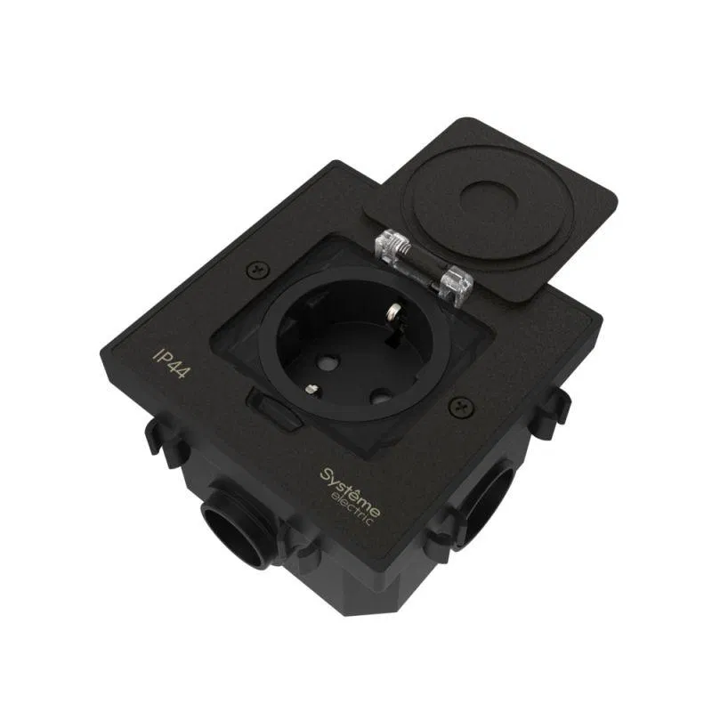 Лючок MultiDesk MDK21 с розеткой 2P+E 16А 250В IP44 с монтажной коробкой для бетонных полов черн. матов. SE MDK21202MBC Systeme Electric