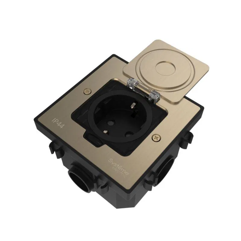 Лючок MultiDesk MDK21 с розеткой 2P+E 16А 250В IP44 с монтажной коробкой для бетонных полов никель SE MDK21202NC Systeme Electric