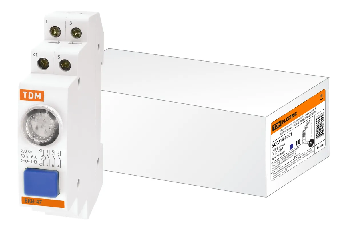 Выключатель кнопочный с индикацией ВКИ-47 синий (LED) 2НО;1НЗ AC/DC TDM SQ0214-0001