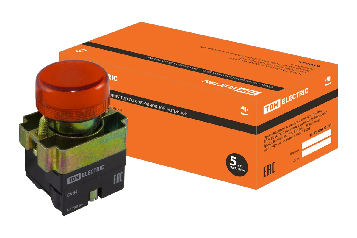 Лампа сигнальная SB2-BV64 с подсветкой 230 В LED, d22 мм, красный, IP40 TDM SQ0702-0046