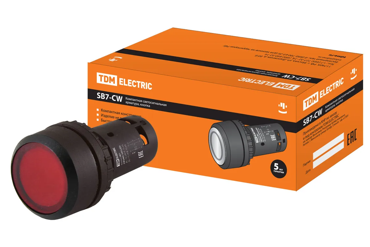 Кнопка SB7-CW3465 с возвратом, 1НО+1НЗ, d22 мм, 24 В LED, красная, IP54 TDM SQ0746-0036