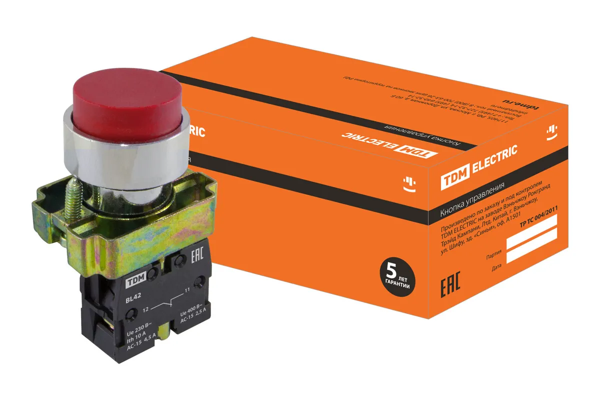 Кнопка SB2-BL42 с возвратом, 1НЗ, d22 мм, красная, IP40 TDM SQ0704-0049