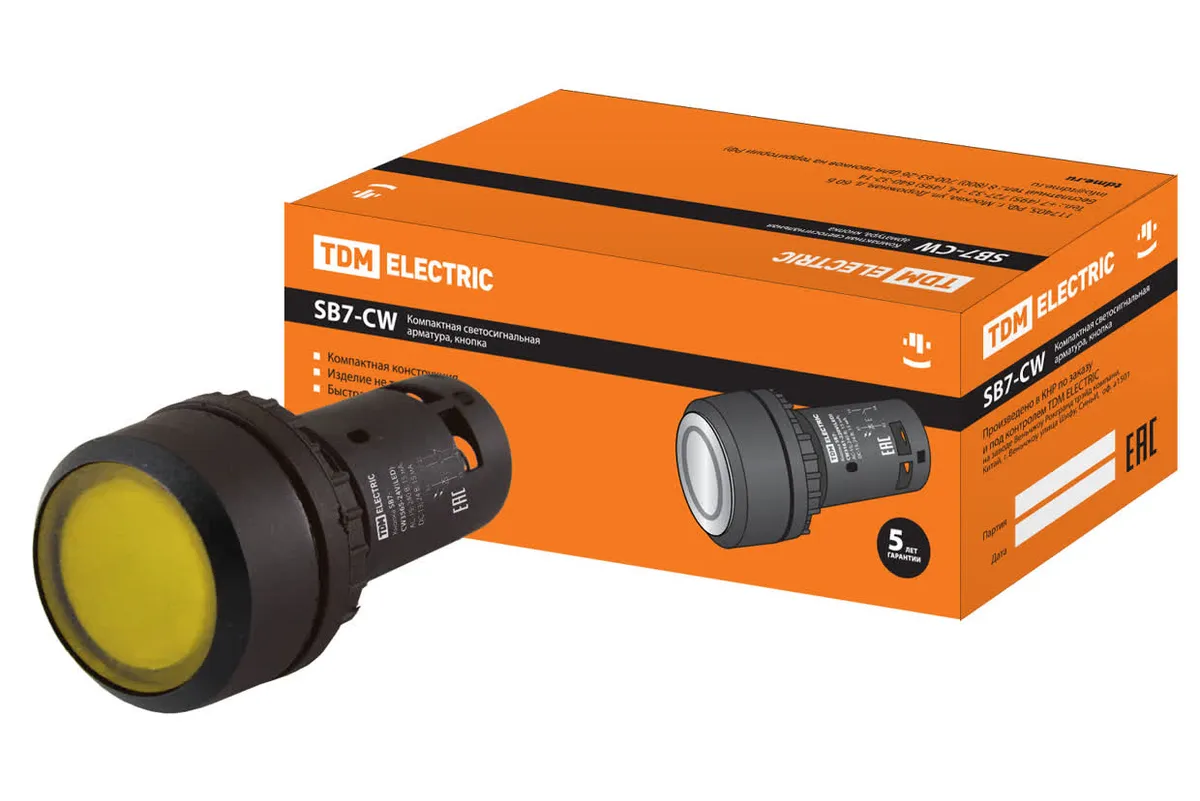 Кнопка SB7-CW3565 с возвратом, 1НО+1НЗ, d22 мм, с подсветкой 24 В LED, желтая, IP54 TDM SQ0746-0038
