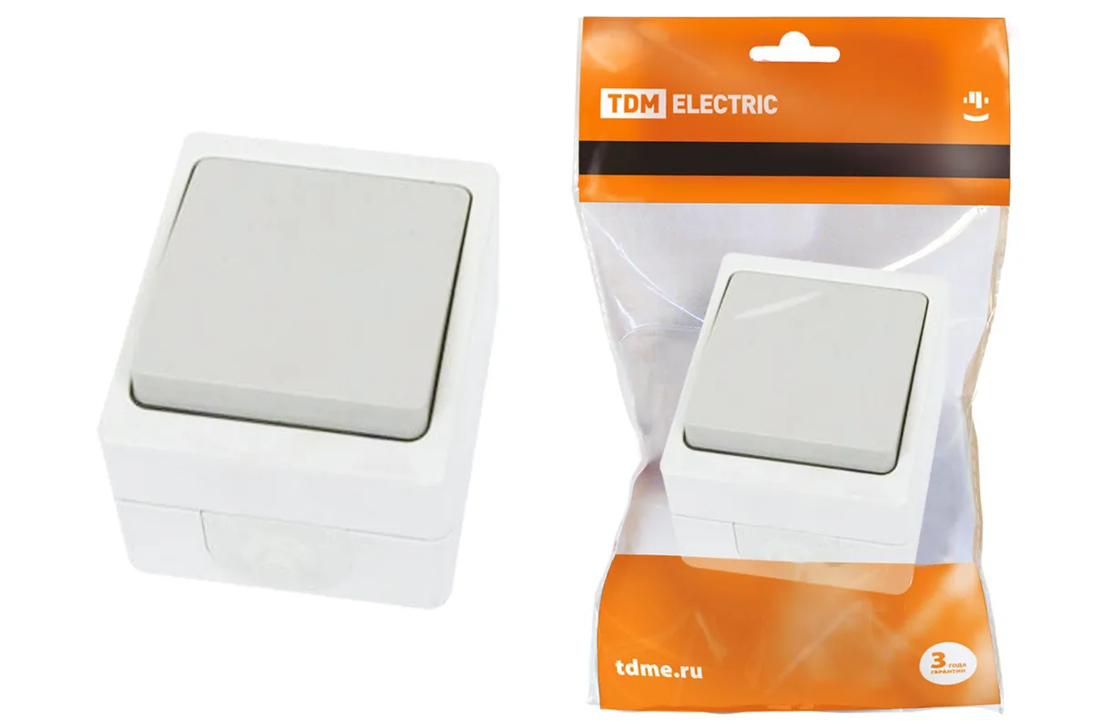 Переключатель на 2 направления 1-кл. открытой установки IP54 10А серый "Вуокса" TDM SQ1803-0003