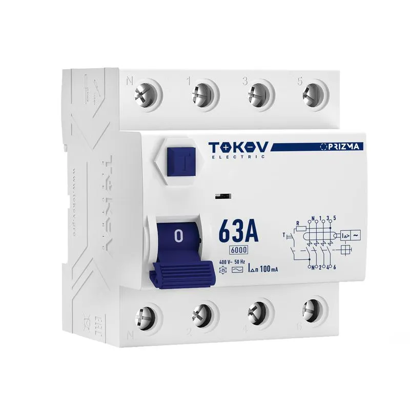 Выключатель дифференциального тока (УЗО) 4п (3P+N) 63А 100мА тип AC 6кА PRIZMA TOKOV ELECTRIC TKE-PZ60-RCDM-4-63-100-AC
