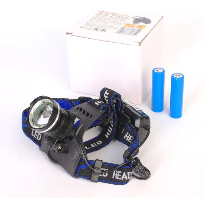 Фонарь аккумуляторный налобный LED5337 3.7В 1LED 5Вт фокус 2 ак. 3 режима USB бокс черн. Ultraflash 15016